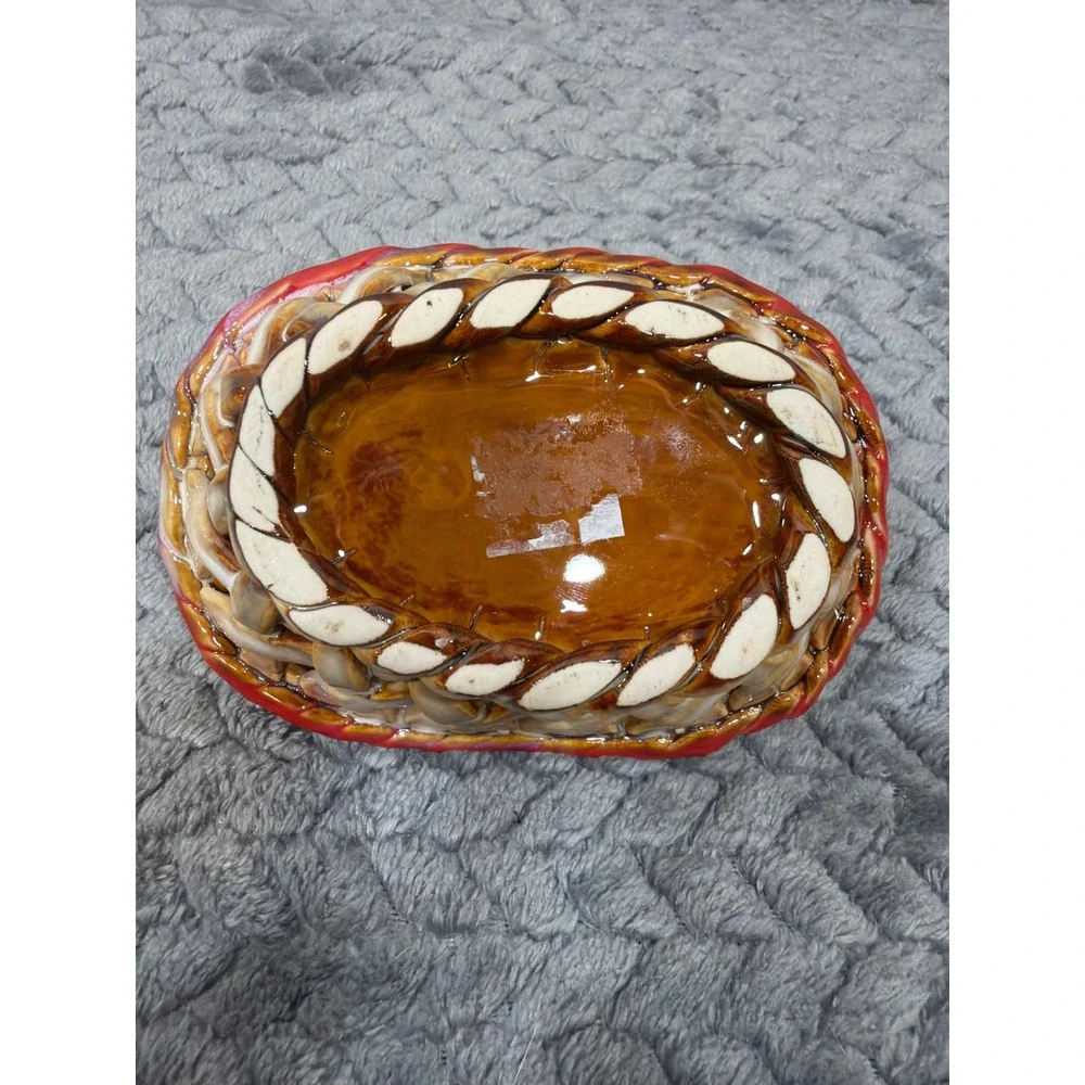 Vintage Ceramic Woven Lattice Basket Red Maple Leaf Fall Harvest Decor 6 Inch